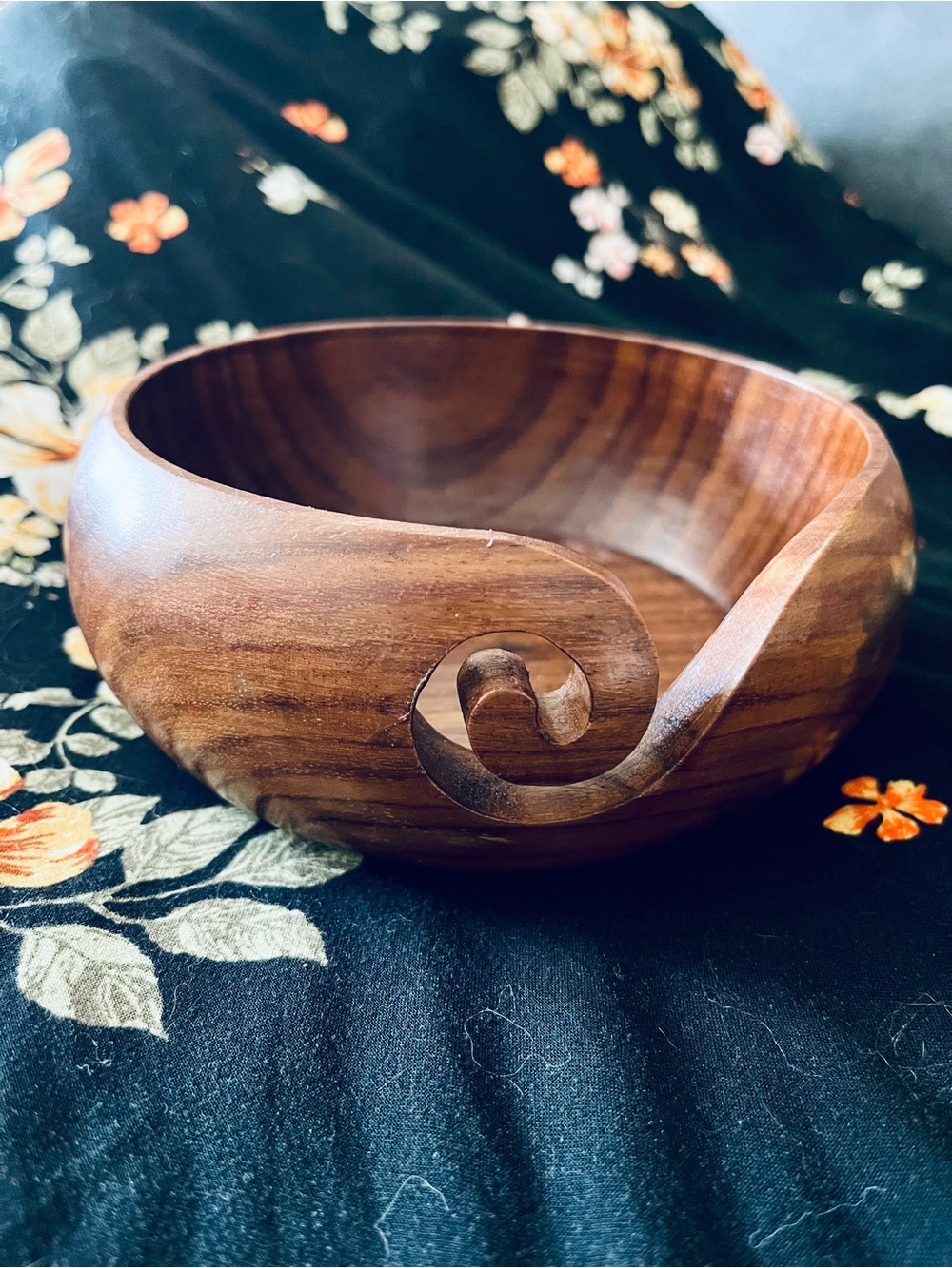 Hand-Carved Wooden Yarn Bowl with Spiral Cutout